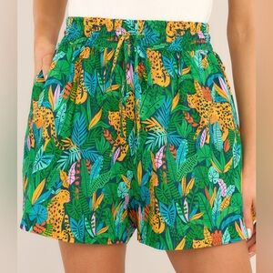 Palms Away - Tropical Print Green Elastic Waist Women's Shorts | Size XS